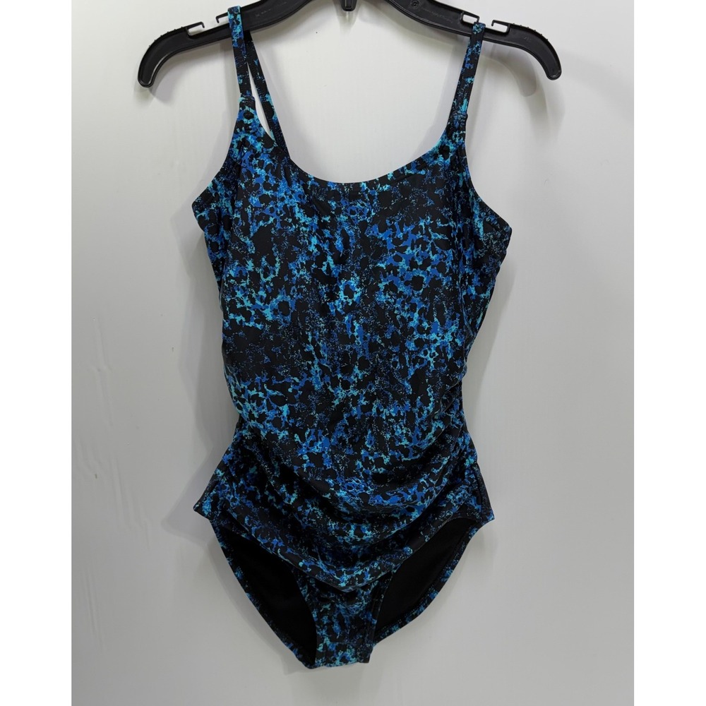 Speedo Womens One Piece Swimsuit Size 6 Blue Black Abstract Ruched Tummy Control